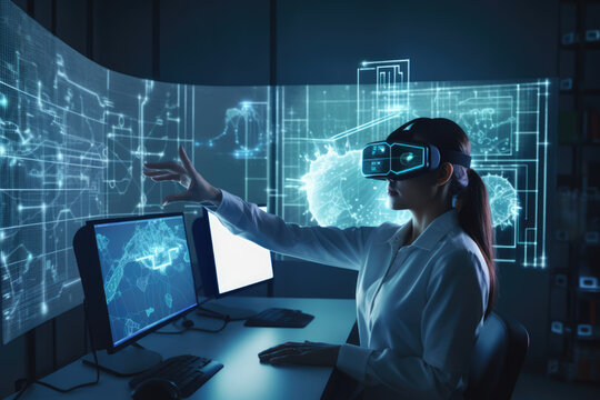 Office worker woman in vr helmet. Female using Virtual reality display in office tasks generative ai.