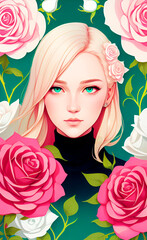Blonde Girl with green eyes and pink roses on background in anime style, AI generated