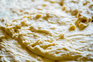 Macro selective focus raw dough texture backdrop. Texture of rolled dough. Background of the dough for baking. Fresh raw dough for pizza or bread baking. Close-up fermented doughs, homemade
