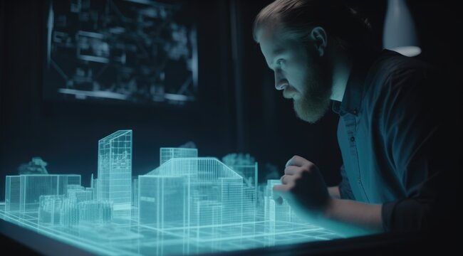 The male architect focuses on a 3D blue projection building in the style of light teal and light black. Generative AI AIG21.