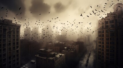 Invasion of birds in the city. ai generation