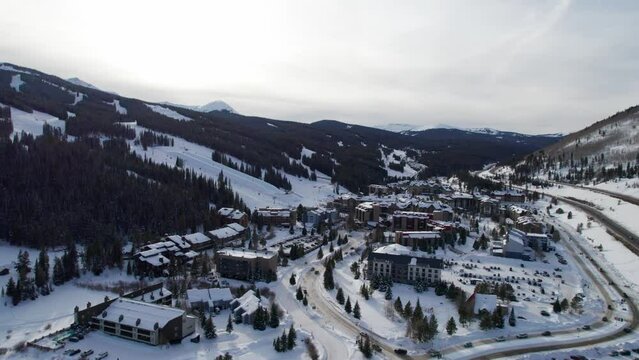 Aerial view of a busy ski village in Colorado outside of Denver in the winter