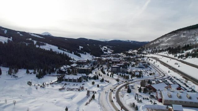 Drone aerial view of a busy highway at a ski resort in Colorado