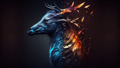 Abstract mutant creature illustration. Weird chimera animal on background in contrast colors, generative ai.