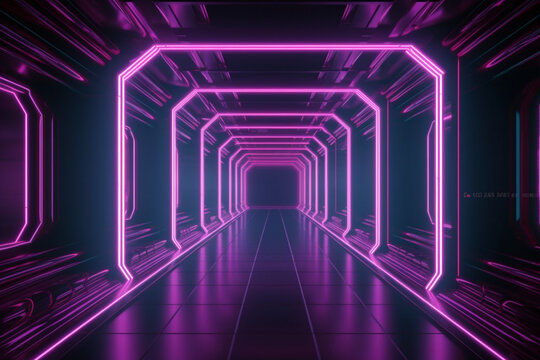 Empty tunnel perspective view purple neon lights illumination Generative AI