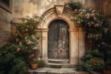 Fototapeta na wymiar Flowering arch over vintage door on ancient building wall. Generative AI