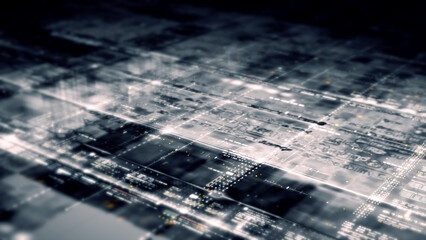 Futuristic data matrix, telemetry and encrypt numbers simulation display for head up display in cyber space abstract de-focus environment background