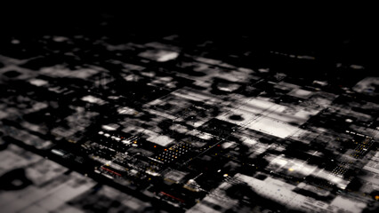 Futuristic data matrix, telemetry and encrypt numbers simulation display for head up display in cyber space abstract de-focus environment background