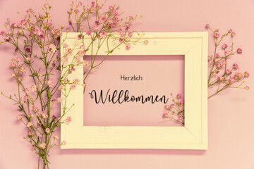 Vintage Photo Frame With Flower Arrangement, Herzlich Willkommen Means Welcome
