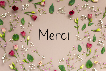 Colorful Spring Flower Arrangement With Roses, French Text Merci Means Thank You