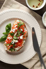 Toasts with tasty grilled vegetables, top view