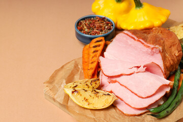 Concept of tasty food, meat, Ham, space for text