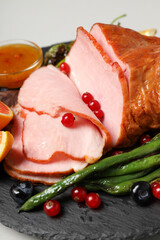 Concept of tasty food, meat, Ham, close up