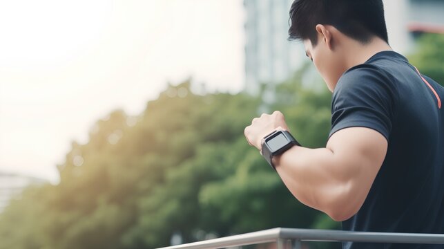 An AI smart watch wearable device on a person's wrist, featuring a sleek design. The watch tracks fitness, health metrics, and provides smart notifications. Generative AI