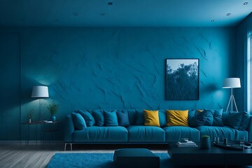 Modern cozy living room and sky blue wall texture, Generative AI