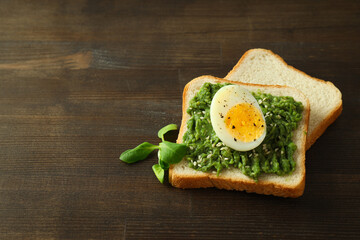 Concept of tasty breakfast with sandwich, space for trex © Atlas