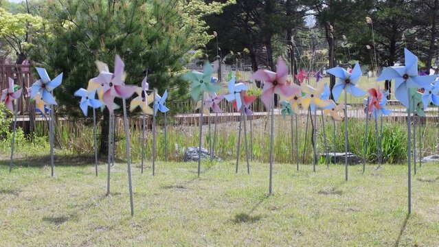 Spinning pinwheels at DMZ Unification Observation park on sunny afternoon.
