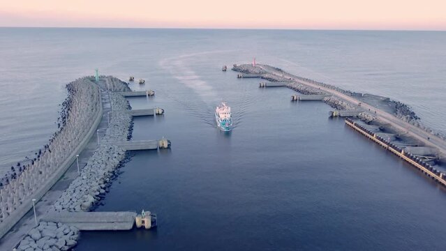 The cruise ship Monika II enters the seaport of Kolobrzeg, Poland.
