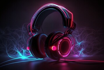Fototapeta na wymiar Headphones with neon light on dark background. generative AI