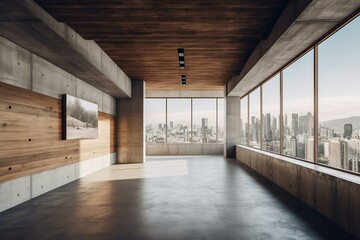Modern concrete and wood gallery with empty wall for display, panoramic city view. Generative AI