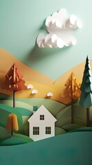 Vertical 3d paper cut forest landscape mountain paper cut style natural landscape scene illustration