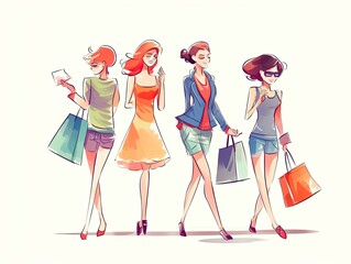 Fototapeta na wymiar Shopping Girls Illustration on White Background - AI Generated