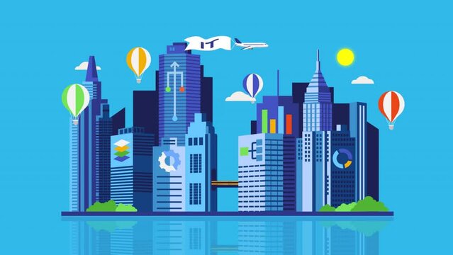 City with Skyscrapers and Tower Buildings. Downtown Architecture. 2D Flat Animation.