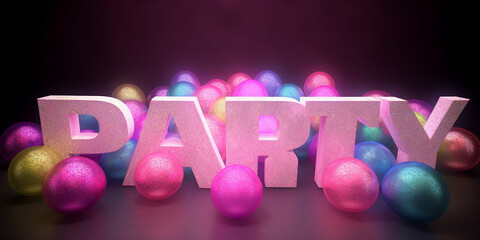 Party Dekoration Hintergrund mit Leuchtfarben und 3D Schriftzug Einladungskarte, ai generativ