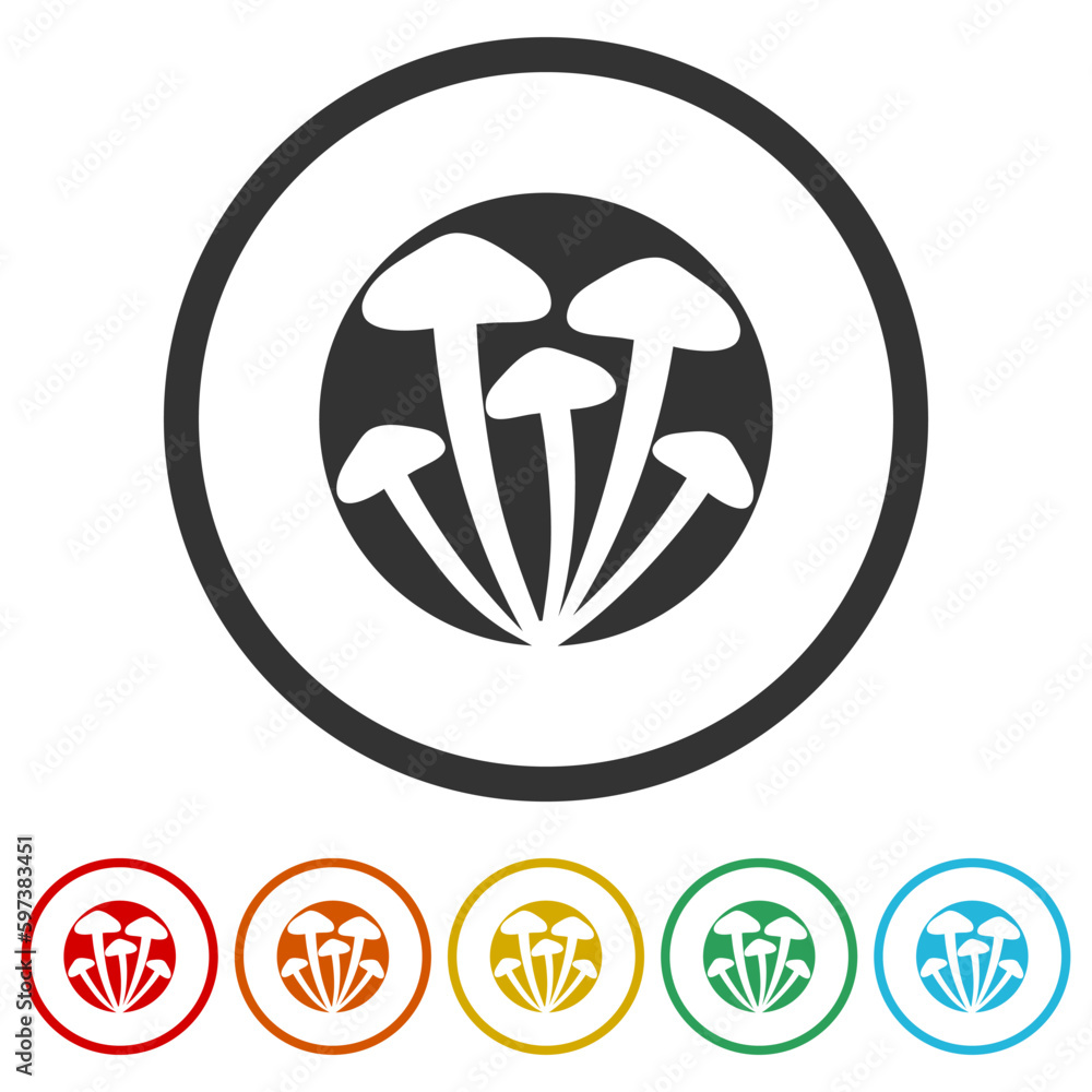 Poster mushroom logo. set icons in color circle buttons