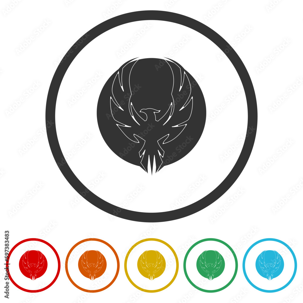 Poster phoenix fire bird logo. set icons in color circle buttons