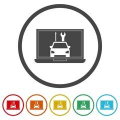 Car service laptop icon. Set icons in color circle buttons