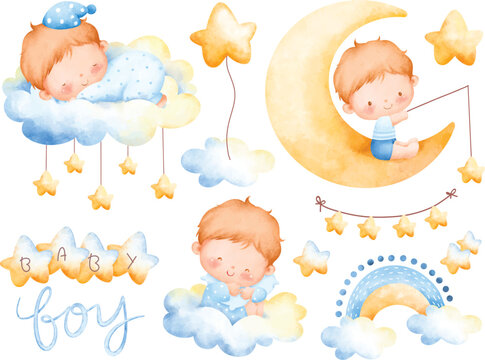 Watercolor illustration set of cute baby boy and nursery elements