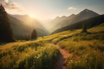 Summer sunrise in Silverton, CO - view of San Juan mountains, meadow valley, spruce forest. Generative AI - obrazy, fototapety, plakaty