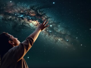Fototapeta na wymiar a person reaching for the stars or the sky