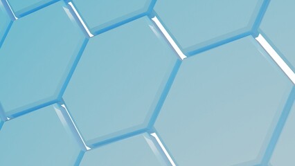 Abstract background with waves made of blue futuristic honeycomb mosaic hexagon geometry primitive forms that goes up and down under blue back-lighting. 3D illustration. 3D CG.