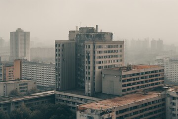 Soviet Brutalist architecture stands out in a concrete metropolis on a hazy afternoon. Generative AI