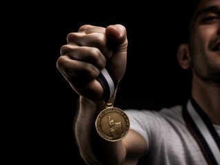 Fototapeta na wymiar A person proudly holding up a gold trophy or medal