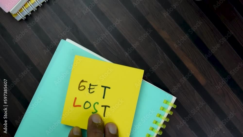 Poster concept of get lost write on sticky notes isolated on wooden table.