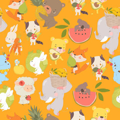 Seamless Pattern with Cute Cartoon Animals with Fruits and Vegetables