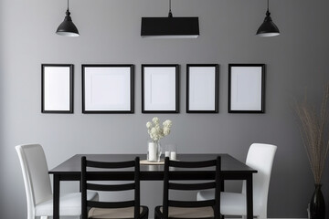 Modern dining room interior design with empty frames. Mockup, 3D Rendering. Generative AI