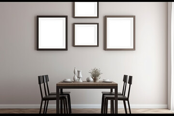 Fototapeta na wymiar Interior of modern dining room with white walls, wooden floor, round table with chairs and picture frames. 3d rendering. Generative AI