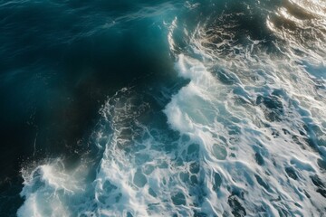 Fototapeta na wymiar Overhead shot of crashing waves in clear blue Bali sea. Generative AI