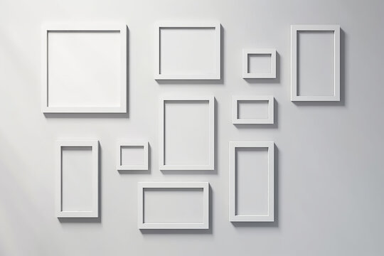 White picture frames on a white wall. 3d rendering mock up. Generative AI