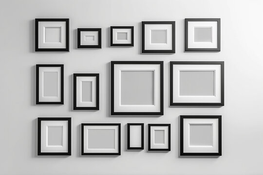 Black picture frames on white wall. 3d render illustration mockup. Generative AI
