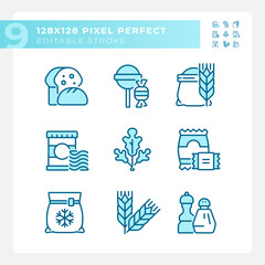 Supermarket products pixel perfect blue RGB color icons set. Grocery store food. Shopping cart. Isolated vector illustrations. Simple filled line drawings collection. Editable stroke