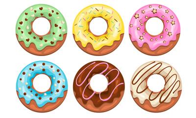 Collection of colorful donuts glazed in chocolate.