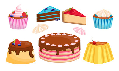 Set of sweets and cakes. Confectionery vector illustration. Sweet bakery.