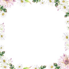 Square floral composition, frame with garden flowers, dahlias and daisies, in pink, white, green, violet and yellow