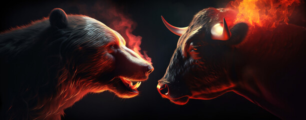 Majestic brown bear and black bull face to face. Surrounded by fire and smoke, isolated on black background. Generated by Ai