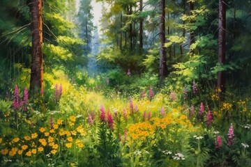 Fototapeta na wymiar Colorful oil painting of a summer forest and beautiful flowers. Generative AI
